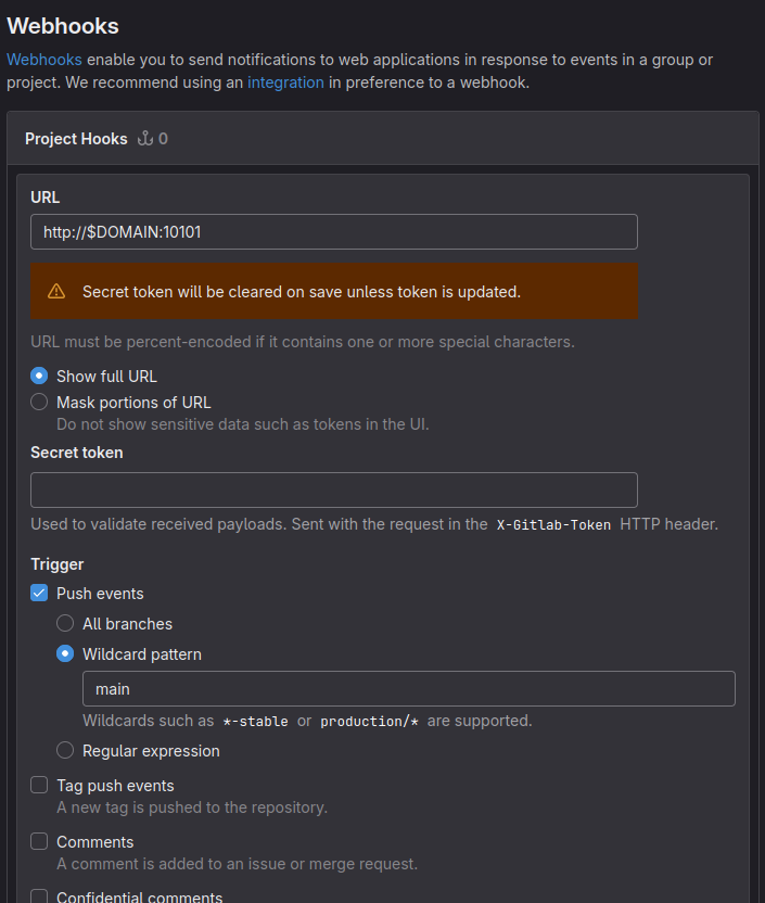 You have to setup the URL to be http://$DOMAIN:10101 on GitLab and check Push events.